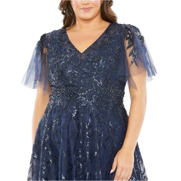 Mac Duggal 20469 Size 14W 14 Dark Blue High Neck Flutter Sleeve Long Gown Dress - Picture 3 of 4